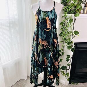 Anna & Ava Black Midi Dress with Green Leaf & Colorful Cheetah Print. OS. EUC.